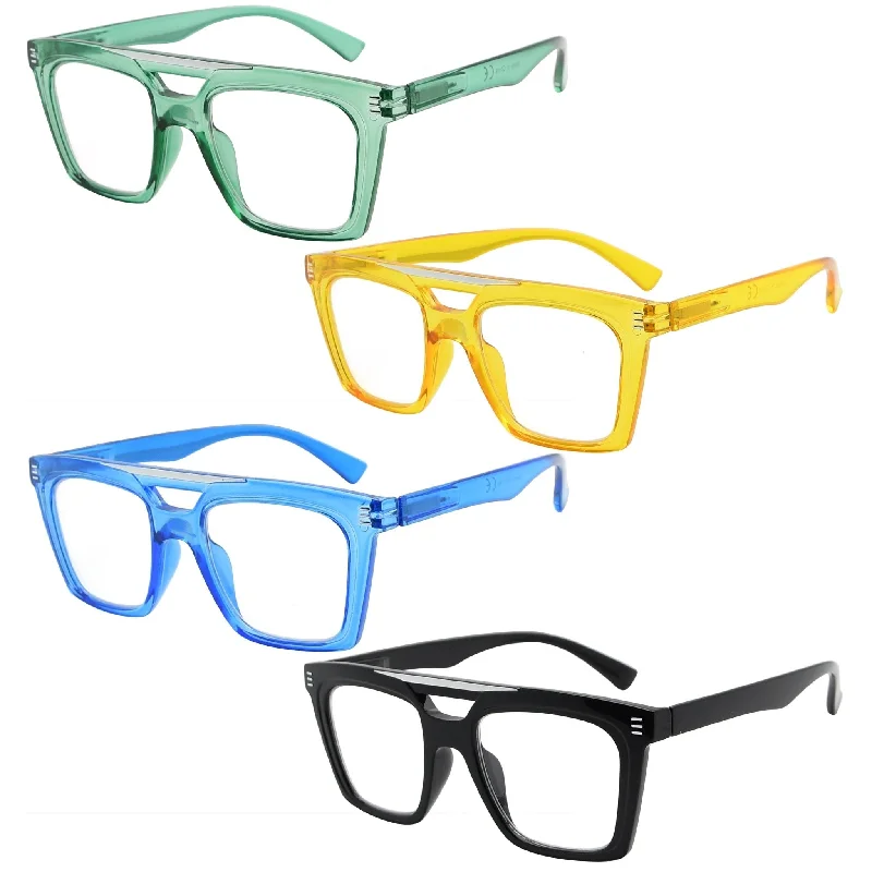 4 Pack Square Reading Glasses Double Bridge Readers R2034