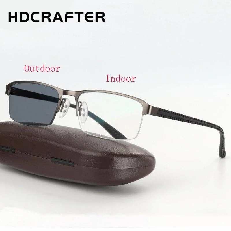 Hdcrafter Men's Semi Rim Rectangle Titanium Alloy Frame Photochromic Reading Glasses 9bs