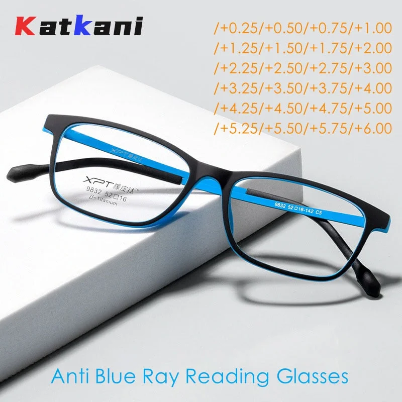 KatKani Unisex Full Rim Square Tr 90 Titanium  Reading Glasses Anti Blue Light  9832xp