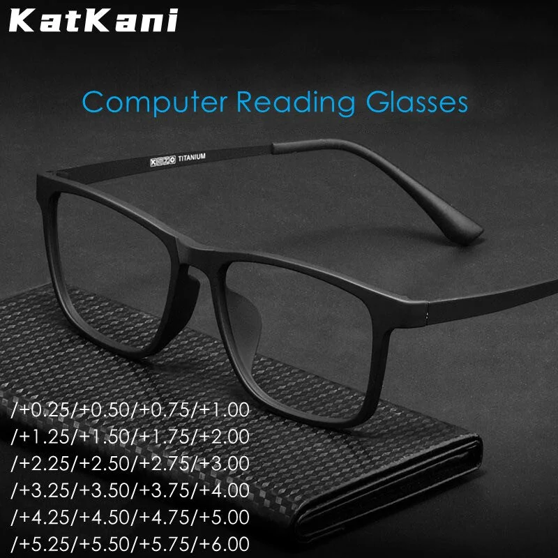 KatKani Unisex Full Rim Square Tr 90 Titanium  Reading Glasses Anti Blue Light Black Hr3068