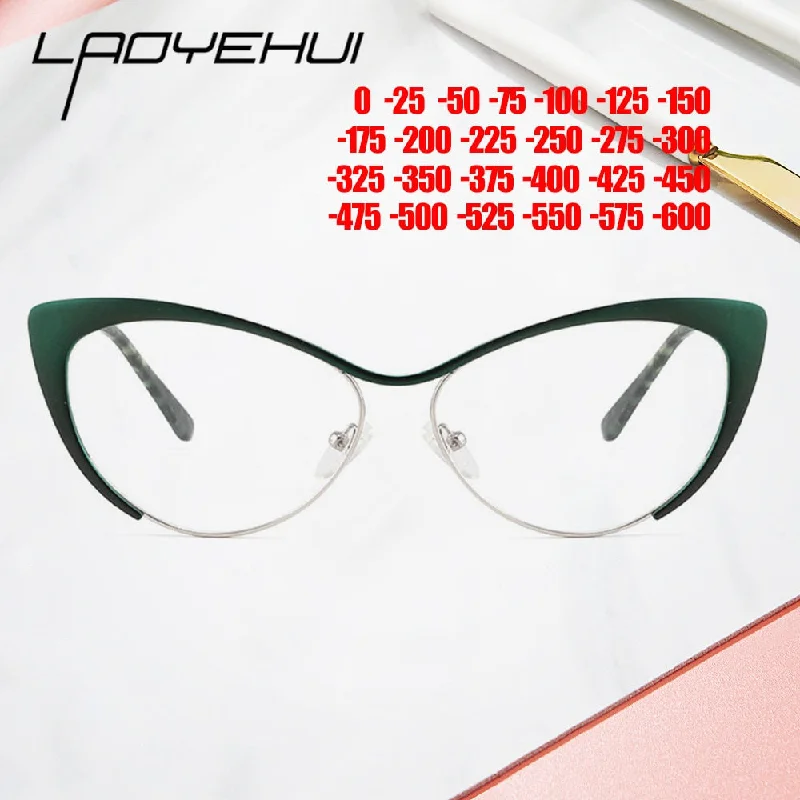 Laoyehui Women's Full Rim Black Cat Eye Alloy Myopic Reading Glasses Anti-Blue 8077-1