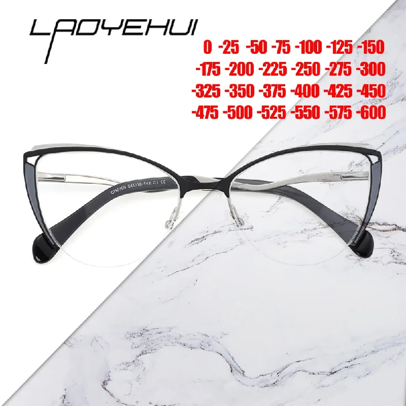 Laoyehui Women's Semi Rim Cat Eye Alloy Myopic Reading Glasses 8889c2